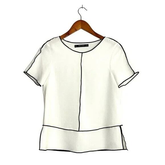 Zara Short Sleeve Trim Contrast Blouse Side Slits Lightweight XS White Black - Picture 12 of 14